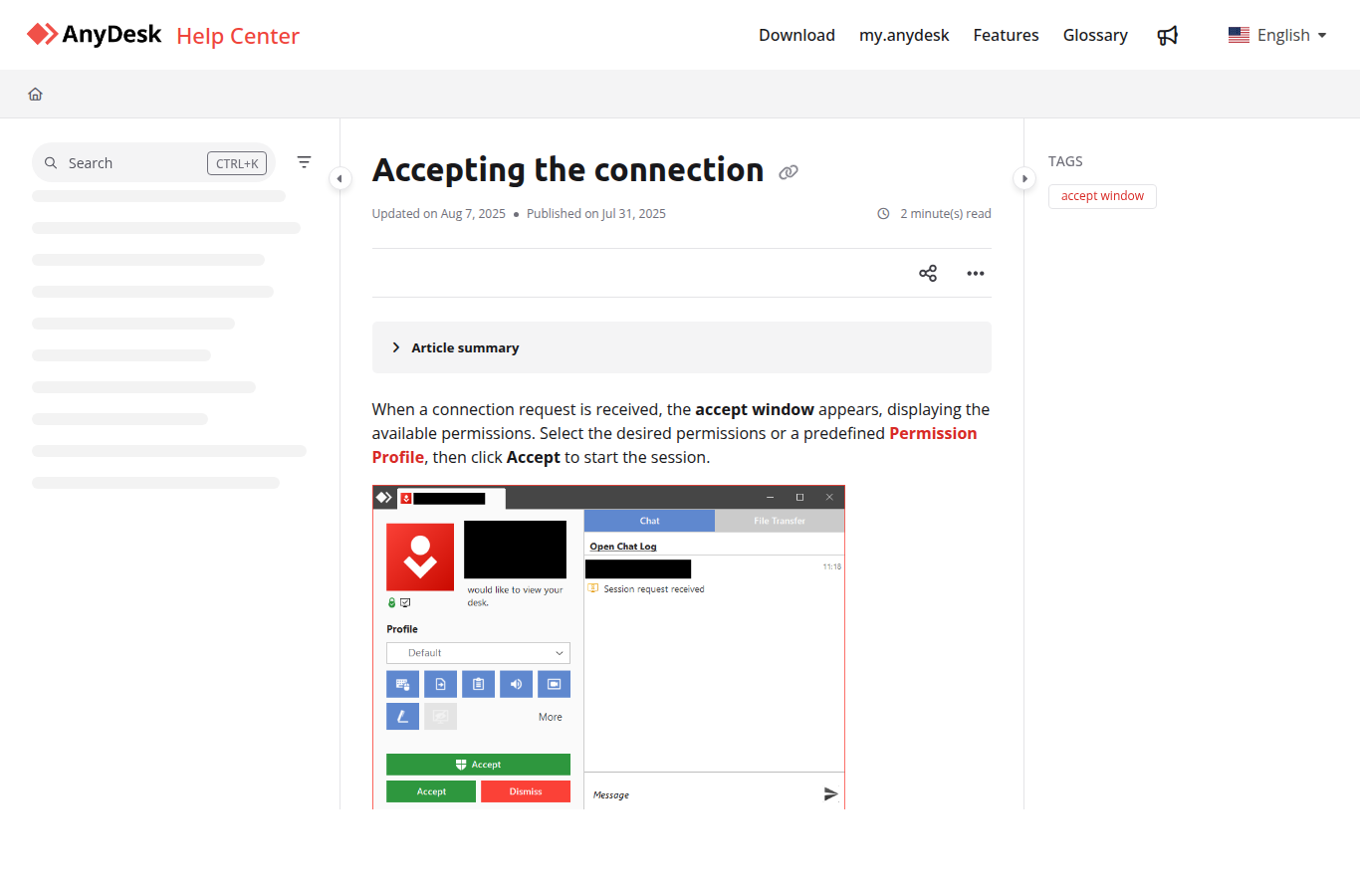 Скриншот официальной справки AnyDesk по принятию подключения