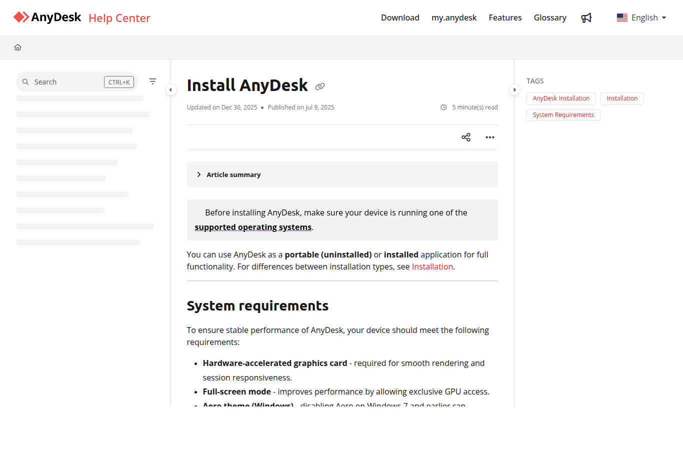 Скриншот официальной справки AnyDesk по установке